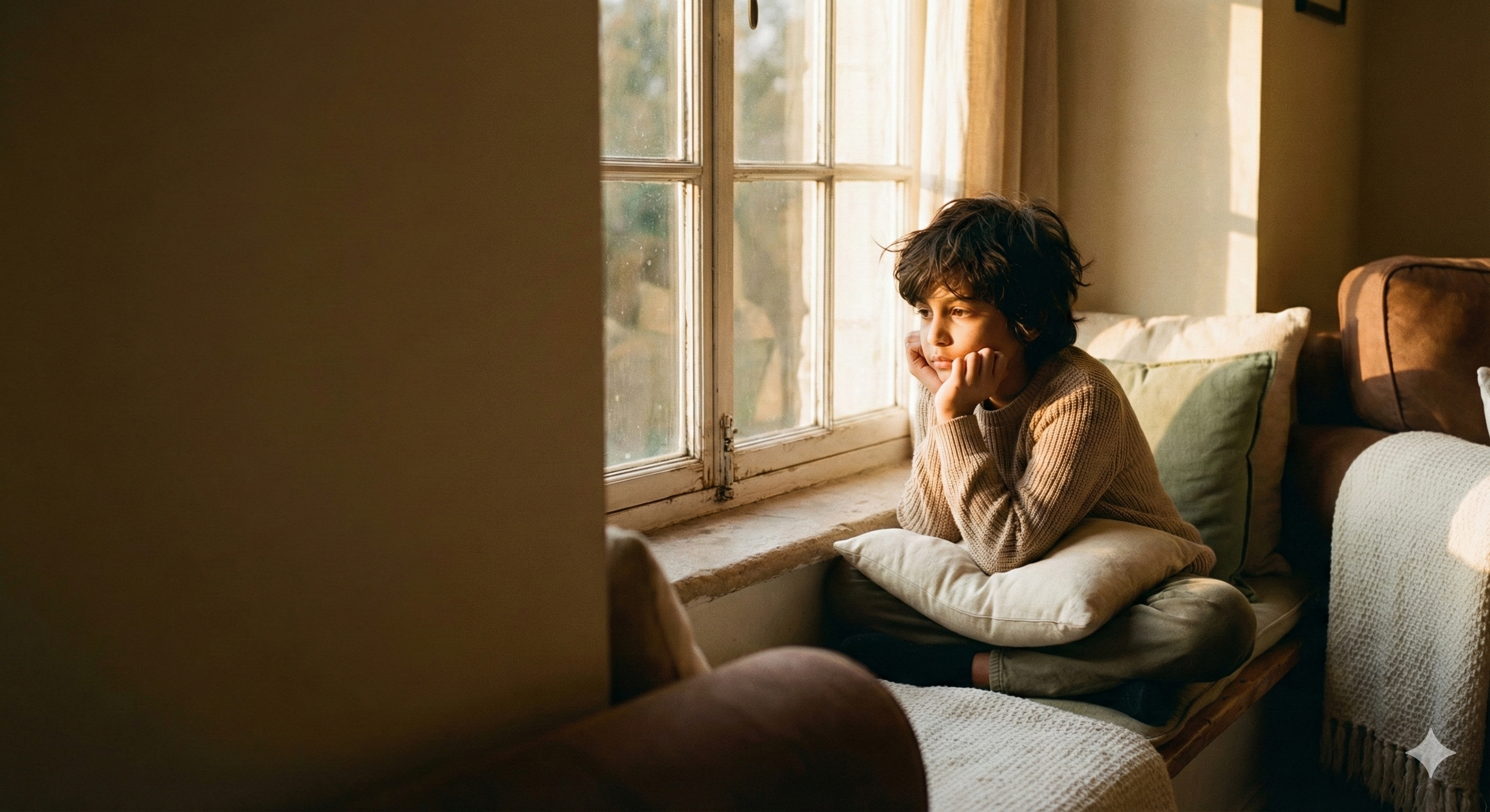A thoughtful young child sitting by a window looking outside, bathed in warm golden hour sunlight