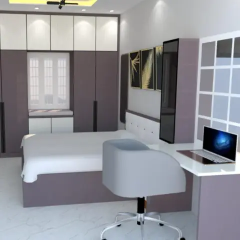 3D render of a compact bedroom in dusty-mauve gloss and fluted cream shutters, the wardrobe wall wrapping a cushioned window seat
