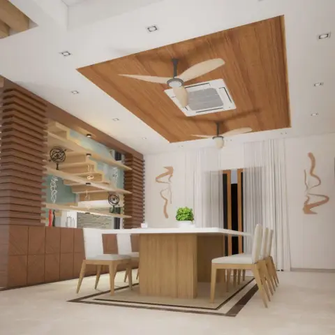 3D render of a dining zone under a rectangular wood-grain ceiling drop that carries a cassette AC between two fans