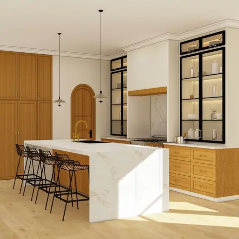 3D render of a kitchen island in warm wood shaker cabinetry with a white waterfall-marble island, brass gooseneck faucet, black-framed glass display cabinets