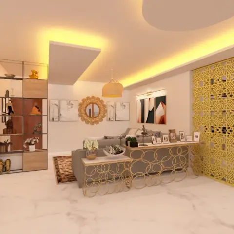 3D render of a living room where a gold CNC-cut geometric jaali screen divides the grey sofa area from a window nook with a teal rug