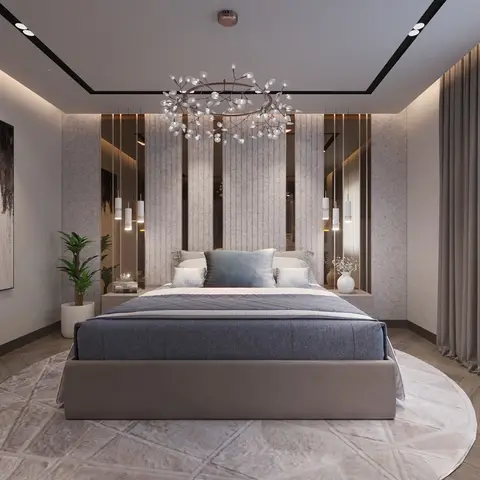 3D render of a master bedroom with a fluted stone-panel headboard wall lit by hanging pendant strands and a branch-style chandelier, round rug