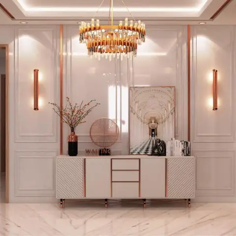 3D render of an entrance foyer: an off-white console with diagonally fluted end doors on slim tapered legs