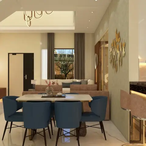 3D render of an open ground floor read in one frame: six blue upholstered chairs at a stone-top dining table under a gold ribbon chandelier