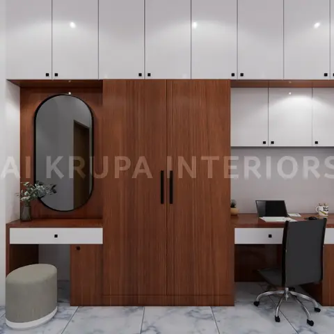 3D-rendered bedroom wall unit combining a wood-finish wardrobe, an oval-mirrored dresser nook, and a built-in study desk with an office chair
