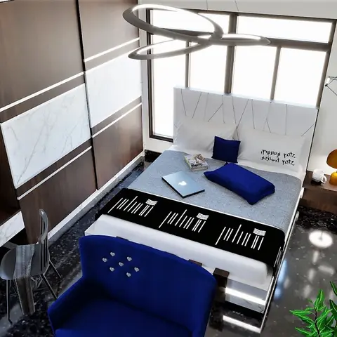3D-rendered bedroom with a dark wood and marble-panelled wardrobe wall, a matching dressing counter with mirror, a ring-shaped ceiling pendant