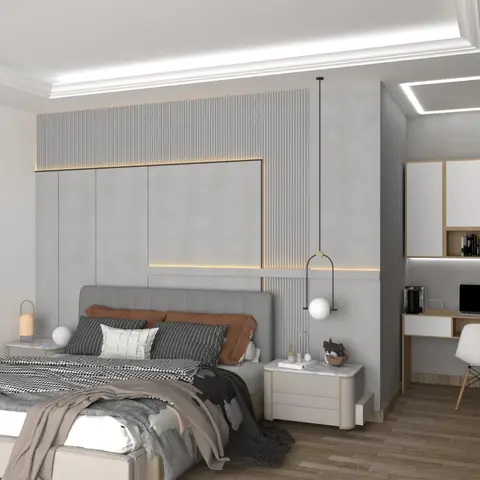 3D-rendered bedroom with a fluted-panel headboard wall lit by cove lighting, gold-trim nightstands, and an attached study desk with an open bookshelf.