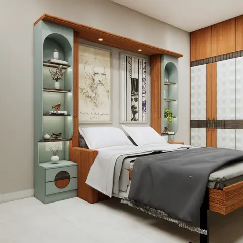 3D-rendered bedroom with a mint-green display shelving unit flanking a wood-panelled bed alcove hung with framed portrait prints