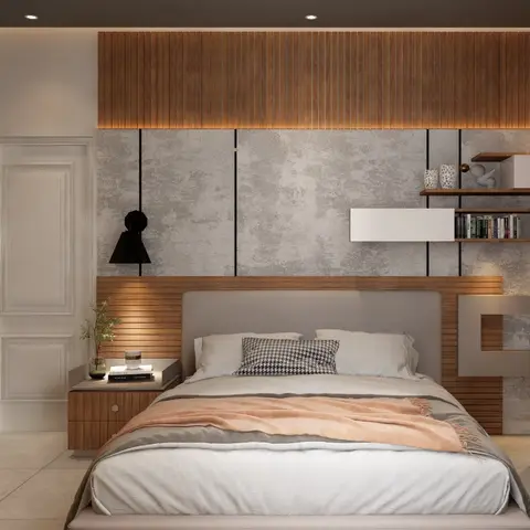 3D-rendered bedroom with a wood-slat headboard wall combined with a raw concrete-texture panel, an open wall shelf styled with books and decor