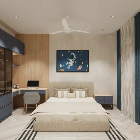 3D-rendered kids' bedroom with a navy blue wardrobe featuring open wood shelving, a built-in study desk, and space-themed wall art above the bed.