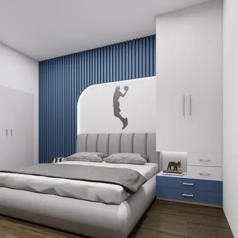 3D-rendered kids bedroom with blue fluted wall panelling, a backlit alcove with a basketball-player decal, and a matching blue-and-white built-in wardrobe.