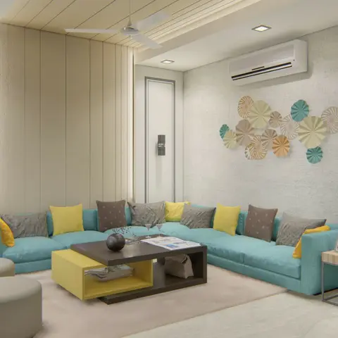 3D-rendered living room with a wood-slat cove-lit ceiling, a teal L-shaped sofa with yellow and grey cushions, a two-tone yellow-and-black coffee table