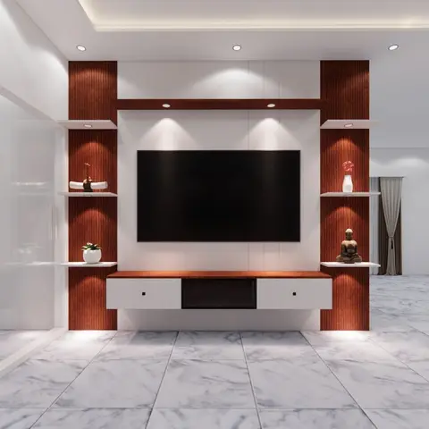 3D-rendered living room with a wood-fluted TV feature wall flanked by lit display niches, a floating white-and-wood TV console