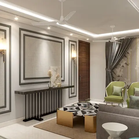 3D-rendered living room with multi-tier cove-lit ceiling, framed grey wall panelling flanking a console table, floral wallpaper accent wall