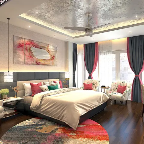 3D-rendered master bedroom with a textured metallic ceiling, grey upholstered headboard wall