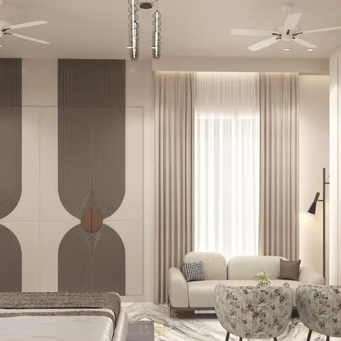 3D-rendered master bedroom with a sculptural fluted arch-pattern wardrobe wall in taupe and cream, a separate sitting lounge with floral bouclé chairs