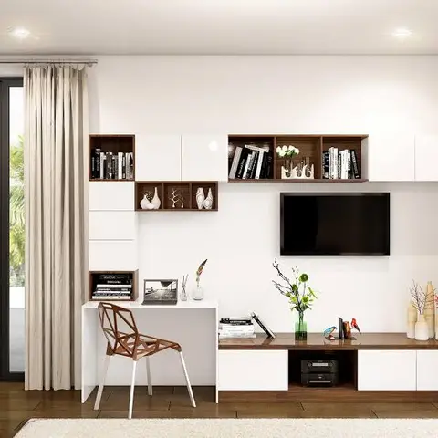 3D-rendered study nook built into a living wall unit, with white-and-walnut open box shelving styled with books and decor, an integrated desk