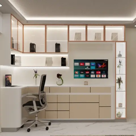 3D-rendered study nook with a corner desk, rose-gold-trimmed glass display cabinets and a wall-mounted TV