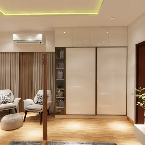 A bedroom reading nook with two curved-back accent chairs and a pouf beside a glossy sliding wardrobe wall, lit by green-toned ceiling cove lighting.