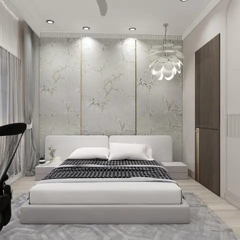 A bedroom render with a cherry-blossom wallpaper feature wall trimmed in brass, a floral pendant light over an upholstered bed, and a fluted-front wardrobe wall