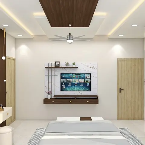 A bedroom render with a floating wood TV unit on a marble-look feature wall, a built-in dressing table with mirror
