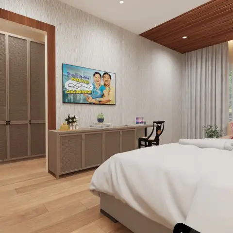 A bedroom render with a rattan-fronted wardrobe and matching console table opposite the bed, under a wood-slat ceiling