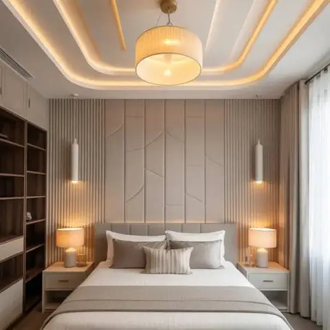 A bedroom with a dramatic nested-loop cove-lit false ceiling over a fluted upholstered headboard wall and matching cylindrical bedside pendant lights