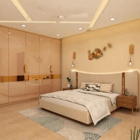 A bedroom with a floor-to-ceiling bronze mirrored wardrobe wall, an upholstered LED-backlit headboard, and gold butterfly wall art above the bed.