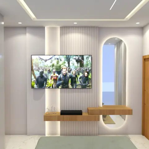 A bedroom with a fluted accent wall behind a floating wood TV console, and an arch-shaped backlit mirror beside the wardrobe.