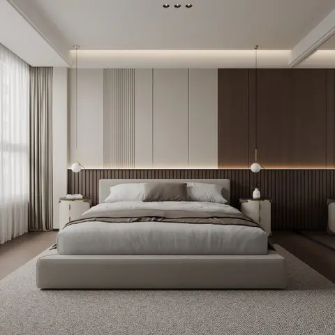 A bedroom with a fluted cream and dark-wood panelled headboard wall, three brass-stemmed globe pendants, and matching curved bedside tables with brass trim.