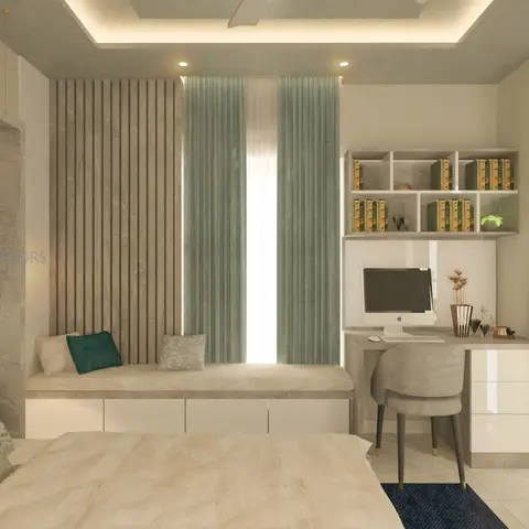 A bedroom with a fluted stone-look accent wall behind teal curtains, a cushioned window-seat bench