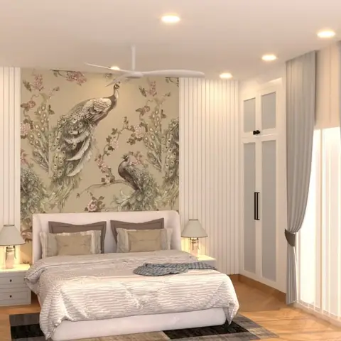 A bedroom with a peacock-and-floral mural wallpaper headboard wall flanked by fluted panelling, a symmetric pair of nightstands, and a herringbone wood floor.