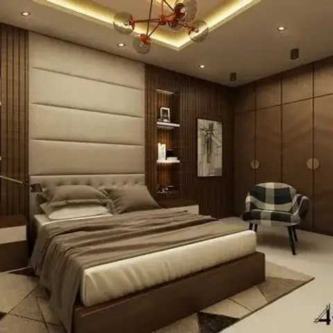 A bedroom with a wide upholstered headboard panel flanked by wood-slat display niches and a dark wood wardrobe wall