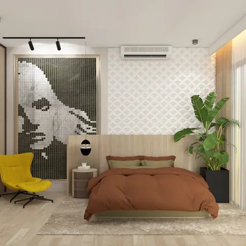 A bedroom with a wood-panelled 3D-textured headboard wall, rust-toned bedding, a mustard-yellow swivel accent chair