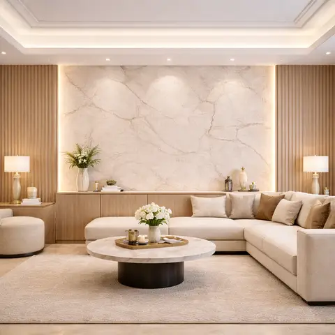 A beige living room with a backlit marble feature wall flanked by fluted wood panelling, a large sectional sofa