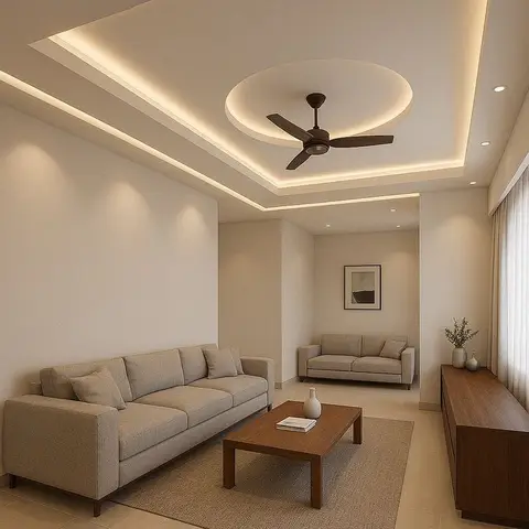 A beige minimalist living room with a stepped cove-lit circular ceiling detail centered on the fan, and a beige sofa facing a wood console