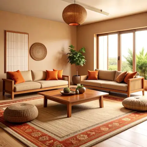 A boho living room with two wood-framed sofas in rust and orange cushions facing a low wooden coffee table