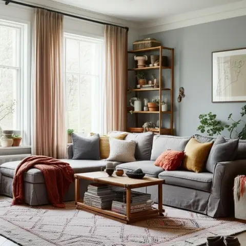 A boho-styled living room with a grey sectional sofa layered with mustard and rust cushions, a patterned area rug, and an open wood ladder shelf in the corner.