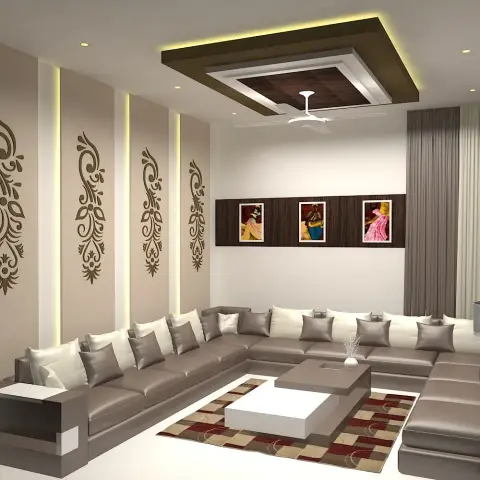 A box POP false ceiling with cove lighting hangs over a large brown-and-white L-shaped leather sofa
