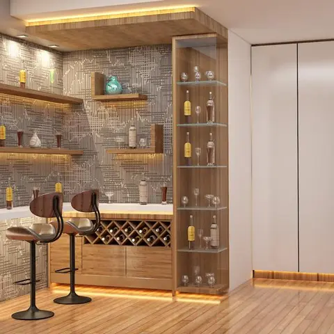 A built-in home bar nook with backlit textured wallpaper, floating bottle shelves, a glass-front wine cabinet and two bar stools beside the living room.