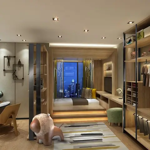 A children's bedroom with a raised platform bed, an open wood-shelved wardrobe styled with kids' clothing, a built-in study desk
