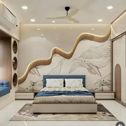 A children's bedroom with a wavy wood trim tracing a line-art dolphin and whale mural above a blue upholstered bed