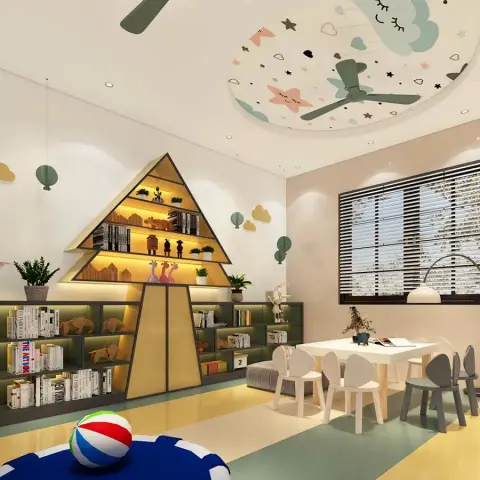 A children's playroom with a triangular yellow-lit bookshelf tower, hanging cloud and balloon decor, and a round pastel cloud-mural ceiling.