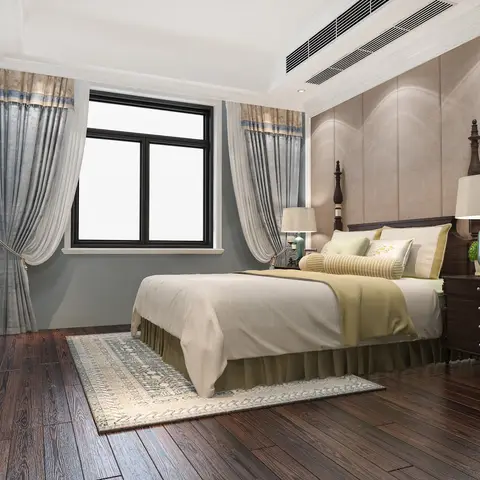 A classic-style master bedroom with a dark wood four-poster bed against a channel-tufted taupe wall panel