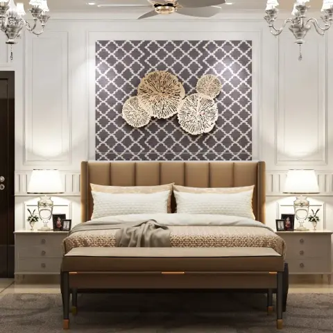 A classic-style master bedroom with symmetric crystal chandeliers, wainscoted walls, a sculptural gold wall art piece above a channel-tufted headboard