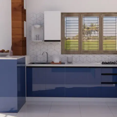A cobalt-blue high-gloss L-kitchen with a white counter turning into a short breakfast peninsula with two black wire stools, a white cube-pattern tile dado