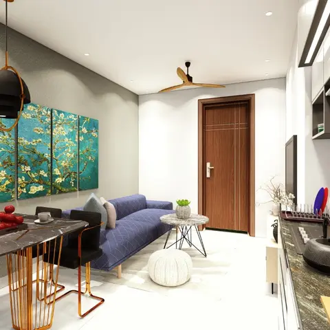 A compact open-plan flat rendering with a marble-top dining table and gold hairpin chairs beneath a large almond-blossom triptych