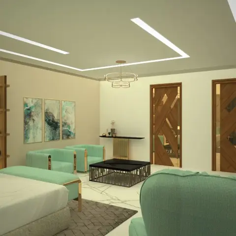 A cove-lit bedroom suite with mint-green lounge seating and a backlit open shelving unit, opening through diamond-patterned wood doors.
