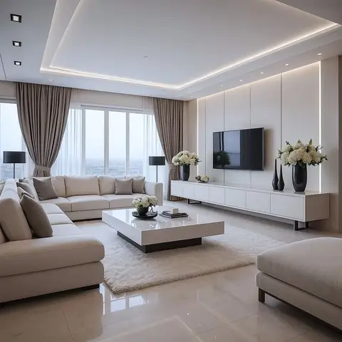 A cream sectional sofa and matching ottoman face a low glossy coffee table on a white shag rug