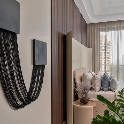 A curved beige leather headboard against vertical fluted wood panelling, with a black fringe wall sculpture on the adjacent wall and a high-rise city view